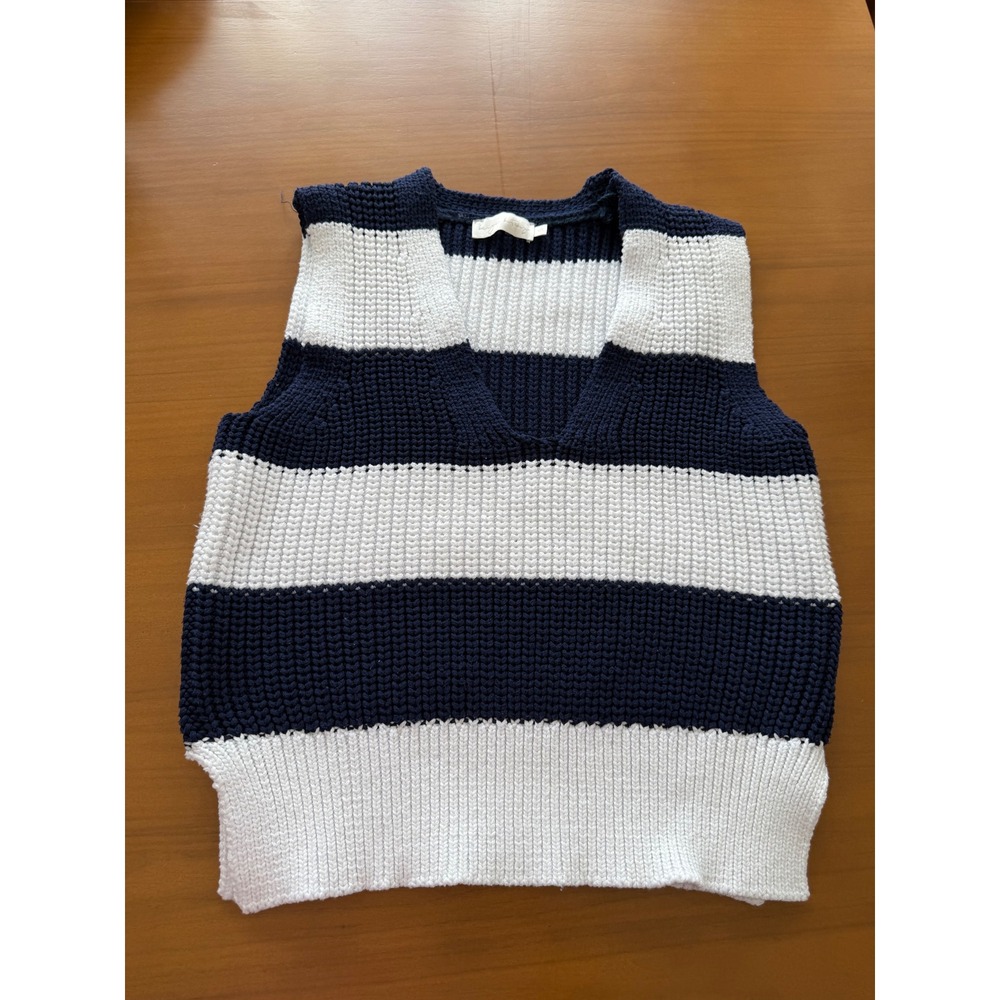 Beige Botany Striped Sweater Vest Preppy Coastal Chic‎ Blue White Sleeveless Top